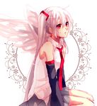  aisusuki albino albino_(vocaloid) bad_id bad_pixiv_id detached_sleeves hatsune_miku long_hair necktie red_eyes sitting skirt solo twintails very_long_hair vocaloid white_hair wings 