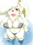  bikini black_nose blonde_hair blush breasts canine chest_tuft dog erect_nipples eyebrows eyelashes female fur hair long_hair looking_at_viewer mammal nipples one_eye_closed open_mouth red_eyes solo standing swimsuit teeth tongue tongue_out tuft white_fur yus-ts 