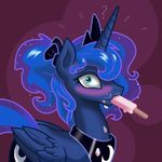  absurd_res blue_hair blush bow crown cutie_mark equine female feral friendship_is_magic hair hi_res horn horse karol_pawlinski looking_at_viewer mammal moon my_little_pony necklace pony ponytail popsicle princess_luna_(mlp) saliva solo sparkles suggestive_food sweat translucent_hair transparent_hair winged_unicorn wings 