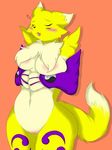  big_breasts blush breasts canine chest_tuft digimon elbow_gloves eyes_closed female fox fur gloves mammal open_mouth orange_background plain_background renamon solo tuft white_fur yellow_fur yin_yang yus-ts 