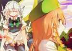  apron bat bow braid chain clock clock_tower closed_eyes cloud cup drinking_glass expressionless green_eyes hair_bow hat hong_meiling izayoi_sakuya knife long_hair maid_headdress mountain multiple_girls pocket_watch profile puffy_short_sleeves puffy_sleeves purple_sky red_hair rya_(aptkz_11) scarlet_devil_mansion short_hair short_sleeves silver_hair skirt skirt_set spilling star sunset touhou tower twin_braids waist_apron watch wine_glass 