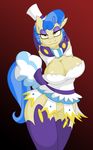  amber_eyes anthro anthrofied beauty_mark big_breasts blue_hair breasts cleavage clothed clothing equine eyeshadow female friendship_is_magic hair hands_behind_head hat horse jrvanesbroek legwear looking_at_viewer makeup mammal my_little_pony pony sapphire_shores_(mlp) solo standing stockings top_hat two_tone_hair 