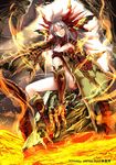  dragon female fins grey_hair hair horn lava monster monster_girl solo warm_colors wings 