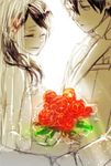  1girl bad_id bad_pixiv_id bouquet bridal_veil closed_eyes couple dress elbow_gloves flower gloves good_end hair_ornament hairclip happy hetero highres kagerou_project kisaragi_shintarou long_hair rubill short_hair smile spot_color tateyama_ayano veil wedding_dress 