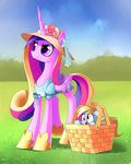  basket blonde_hair bow bush clothing derp_eyes derpy_hooves_(mlp) equine female flower friendship_is_magic grass gsphere hair hat horn horse mammal multi-colored_hair my_little_pony outside pony princess_cadance_(mlp) purple_eyes standing sun_hat winged_unicorn wings yellow_eyes 