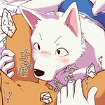  balls blush canine cub drooling gay japanese_text male mammal manmosu_marimo navel oral penis pixiv saliva size_difference text underwear wolf young 
