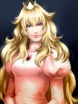  bad_id bad_pixiv_id blonde_hair blue_eyes crown earrings futon_saru jewelry juliet_sleeves long_hair long_sleeves mario_(series) princess_peach puffy_sleeves realistic solo super_mario_bros. 