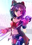  :d animal_ears belt buckle cat_ears collar cowboy_shot crowd deza eyepatch gloves hairband hayasaka_mirei headgear headphones idolmaster idolmaster_cinderella_girls looking_at_viewer microphone microphone_stand open_mouth purple_hair red_gloves short_hair silhouette smile solo stage tareme 