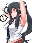  /\/\/\ 1girl anchor armpits arms_up black_hair blush breasts gloves kantai_collection large_breasts long_hair looking_at_viewer midriff navel necktie ponytail red_eyes sidelocks simple_background sleeveless solo speech_bubble spoken_exclamation_mark white_background white_gloves yahagi_(kantai_collection) youkan 