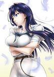  bad_id bad_pixiv_id belt blue_eyes blue_hair breast_hold breasts crossed_arms feathers hair_intakes highres hirose_sumire long_hair mattari_yufi medium_breasts saki shiraitodai_school_uniform skirt solo white_skirt 