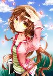  book brown_hair cloud day eiyuu_densetsu flower grass jacket long_hair ponytail sen_no_kiseki shirt sky smile solo striped striped_shirt towa_herschel very_long_hair willfin yellow_eyes 