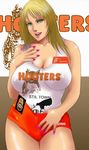  blonde_hair breasts covered_nipples employee_uniform green_eyes highres hooters impossible_clothes large_breasts lips lipstick long_hair makeup mole nail_polish name_tag no_legwear nose short_shorts shorts solo tsena uniform 