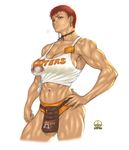  2010 abs belt_pouch breasts brown_eyes choker cleavage clothes_writing cowboy_shot crop_top cropped_legs dairoku_tenma earrings employee_uniform hand_on_hip hooters jewelry large_breasts midriff muscle muscular_female name_tag navel no_legwear nose pouch red_hair ribbon_choker shiny shiny_skin shirt short_hair short_shorts shorts sideboob solo tan tank_top the_king_of_fighters thick_thighs thighs tied_shirt uniform vice 