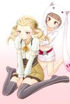  aoki_hagane_no_arpeggio blonde_hair blush brown_eyes brown_hair cosplay crossover green_eyes haruna_(aoki_hagane_no_arpeggio) highres hippyi kyubey kyubey_(cosplay) mahou_shoujo_madoka_magica multiple_girls osakabe_makie tears thighhighs tomoe_mami tomoe_mami_(cosplay) 