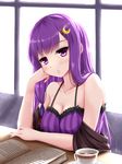  alternate_costume bare_shoulders black_tea blush book breasts cleavage crescent crescent_hair_ornament cup hair_ornament hairclip long_hair looking_at_viewer medium_breasts patchouli_knowledge purple_eyes purple_hair solo tea teacup tokugawa_landine touhou 