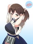  adjusting_hair blush brown_eyes brown_hair bunching_hair gradient gradient_background hakama_skirt japanese_clothes kaga_(kantai_collection) kantai_collection looking_at_viewer mouth_hold muneate ren_san short_hair solo spoken_blush tasuki tying_hair 