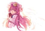  backlighting book capelet crescent hat long_hair looking_at_viewer looking_back patchouli_knowledge purple_eyes purple_hair rainbow2319682 smile solo touhou upper_body very_long_hair 
