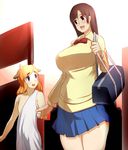  1boy 1girl age_difference bag breasts brown_hair hand_hold hand_holding huge_breasts long_hair mafen milf miniskirt open_mouth red_eyes shirt skirt standing 
