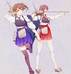  akagi_(kantai_collection) archery arrow black_legwear blush bow_(weapon) brown_eyes brown_hair ecriture flight_deck gloves japanese_clothes kaga_(kantai_collection) kantai_collection kyuudou long_hair multiple_girls muneate partly_fingerless_gloves quiver short_hair side_ponytail single_glove skirt sky smile thighhighs weapon white_legwear yugake 