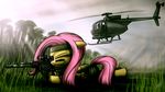  aircraft as50 clothing dori-to equine female fluttershy_(mlp) friendship_is_magic fur grass gun hair helicopter horse mammal my_little_pony pony ranged_weapon tree weapon widescreen yellow_fur 