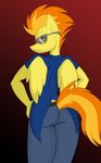  amber_eyes anthro anthrofied butt clothed clothing equine eyewear female friendship_is_magic frown fur hair horse jrvanesbroek looking_at_viewer looking_back mammal my_little_pony pants pegasus pony solo spitfire_(mlp) sunglasses two_tone_hair wings wonderbolts_(mlp) yellow_fur 