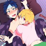  bad_id bad_pixiv_id bed blonde_hair blue_hair blush eyewear_removed fever free! glasses hazuki_nagisa male_focus multiple_boys open_clothes open_shirt pochi_(goodgrief) purple_eyes red_eyes ryuugazaki_rei shirt sick smile sweat tears thermometer yaoi 