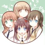  blonde_hair blue_eyes brown_eyes brown_hair green_eyes hairband hands_on_own_face looking_at_viewer miwa_ai multiple_girls necktie oomuro-ke oomuro_nadeshiko open_mouth smile sonokawa_megumi sweater_vest teeth tomaden yaeno_miho yuru_yuri 