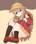  ass backpack bag bandaid bandaid_on_knee black_legwear blush brown_hair carton coffee drinking_straw green_eyes hair_between_eyes hat hat_ornament highres kneehighs long_hair mary_janes muku_(muku-coffee) no_panties original randoseru school_hat shoes skirt solo yukico-tan yukijirushi 