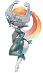  ass barefoot black_skin breasts fang full_body glowing grin hand_on_ass helmet huge_ass imp long_hair looking_back midna one_eye_covered orange_hair ponytail red_eyes shouni_(sato3) simple_background small_breasts smile solo the_legend_of_zelda the_legend_of_zelda:_twilight_princess white_background white_skin yellow_sclera 