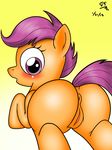  absurd_res anus blush butt cub equine female feral friendship_is_magic fur hair hi_res horse looking_back mammal my_little_pony orange_fur pegasus plain_background pony purple_eyes purple_hair pussy scootaloo_(mlp) solo tomtornados wings yellow_background young 