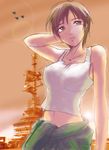  ace_combat ace_combat_5 aircraft airplane black_hair brown_eyes clothes_around_waist evening fighter_jet jacket_around_waist jet kei_nagase midriff military military_vehicle navel short_hair sig_(sotokanda_delta_force) solo tank_top 