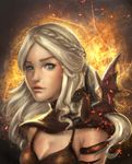  a_song_of_ice_and_fire animal animal_on_shoulder bad_id bad_pixiv_id blue_eyes braid breasts cleavage daenerys_targaryen dragon drogon embers french_braid from_side lips long_hair looking_at_viewer medium_breasts parted_lips sangrde tail tail_wrap turtleneck upper_body white_hair 