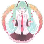  bad_id bad_pixiv_id blue_eyes detached_sleeves flower gomi_chiri green_hair hatsune_miku heart long_hair necktie open_mouth skirt solo twintails vocaloid white_background 