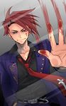  against_fourth_wall against_glass black_battler blood blood_on_face blood_on_fingers fourth_wall hand_in_pocket necktie red_eyes red_hair slit_pupils smirk sousui_hani umineko_no_naku_koro_ni ushiromiya_battler 