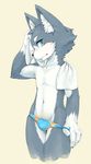  blue_eyes briefs bulge canine claws dog kemoisumi looking_at_viewer male mammal navel nipples pixiv solo standing towel underwear undressing 