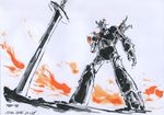  bad_end damaged defeat good_end hayama_jun'ichi ink_(medium) mazinger_z mazinger_z_(mecha) mecha no_humans planted_sword planted_weapon science_fiction severed_arm severed_limb signature sword traditional_media victory weapon 