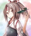  bad_id bad_pixiv_id brown_eyes brown_hair buran_(kure) chestnut_mouth fairy_(kantai_collection) flat_chest hachimaki headband highres japanese_clothes kantai_collection muneate open_mouth pilot short_hair type_99_dive_bomber zuihou_(kantai_collection) 