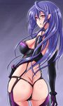  ass bodysuit breasts butt_crack earrings elbow_gloves from_behind gloves highres iris_heart jewelry kami_jigen_game_neptune_v large_breasts long_hair looking_back neptune_(series) panties purple_eyes purple_hair revealing_clothes sawaki_koma solo thighhighs thong underwear 