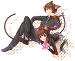  1girl animal_ears bow brother_and_sister brown_eyes brown_hair cat_ears cat_tail kemonomimi_mode little_busters! long_hair natsume_kyousuke natsume_rin ne-on pink_bow ponytail school_uniform short_hair siblings tail 