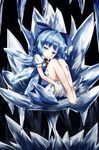  barefoot bloomers blue_eyes blue_hair bow cirno cocozasa dress hair_bow ice open_mouth short_hair snowflakes solo touhou underwear wings 