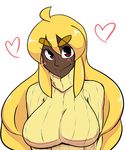  ahoge blonde_hair blush breasts dark_skin eyebrows heart highres impossible_clothes impossible_sweater kirbila_(yellow_kirby) large_breasts long_hair orange_hair original red_eyes ribbed_sweater sidelocks smile solo sweater thick_eyebrows turtleneck upper_body white_background yellow_kirby 