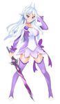  boots breasts choker cosplay cure_sword cure_sword_(cosplay) dokidoki!_precure full_body hevn horns large_breasts long_hair original precure purple_choker purple_eyes purple_footwear purple_legwear purple_skirt silver_hair simple_background skirt solo sword thighhighs weapon white_background 