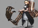  blonde_hair brown_eyes dress grey_background mechanical_arm orange_eyes original ryuukeichi_andromeda short_hair solo steampunk victorian 