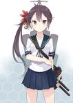  akebono_(kantai_collection) bad_id bad_pixiv_id bell black_hair flower hair_bell hair_flower hair_ornament jingle_bell kantai_collection long_hair looking_at_viewer machinery ponytail purple_eyes side_ponytail soburi solo turret 