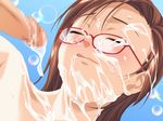  1girl blush brown_hair censored cum cum_on_glasses cum_on_hair eyes_closed face facial game_cg glasses highres ino lips lying mouth niizuma_wa_serafuku nose nude penis short_hair simple_background smile tongue tongue_out 