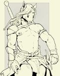 abs anthro armor belt biceps big_muscles clothing equine fur grin hair horse loincloth long_hair looking_at_viewer male mammal monochrome muscles navel nipple_piercing nipples pecs piercing pose sketch smile solo standing sword toned topless trogan vein warrior weapon 