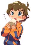  a ahoge blue_eyes brown_hair danball_senki eating food hirano_kei jacket male_focus solo yamano_ban 