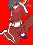  adjusting_eyewear anko_(kirikiri) black_hair jacket kill_la_kill matoi_ryuuko midriff multicolored_hair navel pants red_background scarf senketsu senketsu_(scarf) short_hair solo spoilers streaked_hair sunglasses suspenders track_suit 