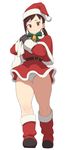  accio bad_id bad_tumblr_id bag bell boots brown_hair dress gloves highres las_vegas_(accio) original over_shoulder red_eyes sack santa_costume short_dress smile solo thick_thighs thighs twintails 