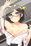  against_fourth_wall against_glass black_hair blue_eyes breasts cleavage collarbone covered_nipples detached_sleeves fourth_wall glasses hairband japanese_clothes jiino kantai_collection kirishima_(kantai_collection) large_breasts looking_at_viewer nontraditional_miko off_shoulder ribbon-trimmed_sleeves ribbon_trim short_hair solo wide_sleeves 